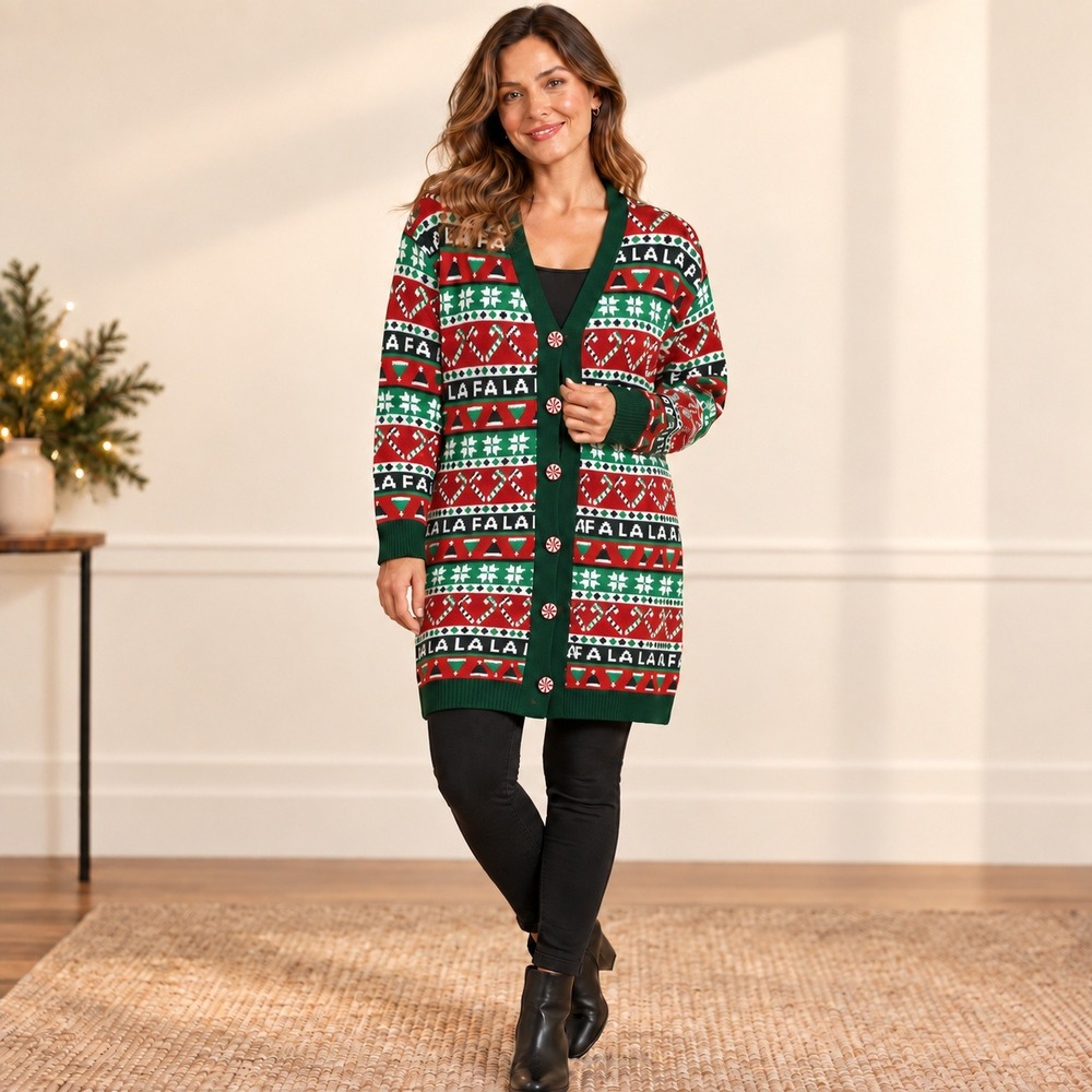Allison Brittney Womens Christmas Cardigan Candy Cane Fair Isle Med NWOT